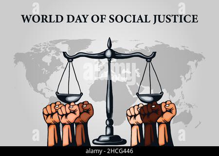 world day of social justice with scales of justice and hands clenched with color skin diversity Stock Vector