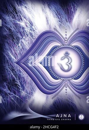 Poster, Wallpaper with third eye chakra symbol (Ajna). Artwork with mystical nature elements and landscapes. Stock Photo