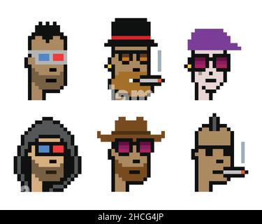 Set of Cryptopunk NFT 24x24 pixel illustration. Blockchain based digital 8 bit retro punk game art on non-fungible token. Flat vector illustration col Stock Vector