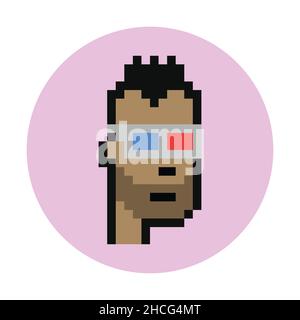 Cryptopunk person wearing 3d glasses pixel art NFT. Non-Fungible token. Retro 8-bit game assets. Flat vector illustration isolated on white background Stock Vector