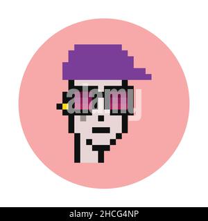 Cryptopunk human wearing purple cap and cool glasses pixel art NFT. Non-Fungible token. Retro 8-bit game assets. Flat vector illustration isolated on Stock Vector