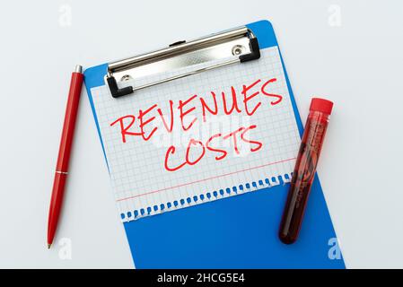 Text showing inspiration Revenues Costs. Word Written on Total amount of money in Manufacturing and Delivery a product Preparing And Writing Stock Photo