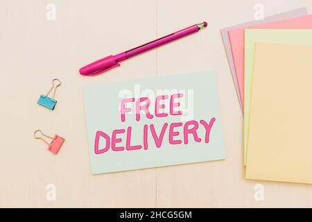 Handwriting text Free Delivery. Business idea Shipping Package Cargo Courier Distribution Center Fragile Flashy School Office Supplies, Teaching Stock Photo