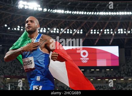 Beijing, China. 1st Aug, 2021. File photo taken on Aug. 1, 2021 shows Lamont Marcell Jacobs of Italy reacting after the men's 100m final at the Tokyo 2020 Olympic Games in Tokyo, Japan. Jacobs, 27, was crowned as the world's fastest man at the Tokyo Olympics in 9.80 seconds, becoming the first European sprinter to win the men's 100m race since Barcelona 1992. Credit: Li Gang/Xinhua/Alamy Live News Stock Photo