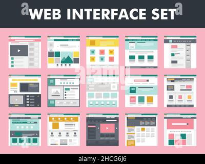 set of 15 different web interface in simple style. UI UX design template for internet browser. Flat vector illustration isolated on pink background Stock Vector