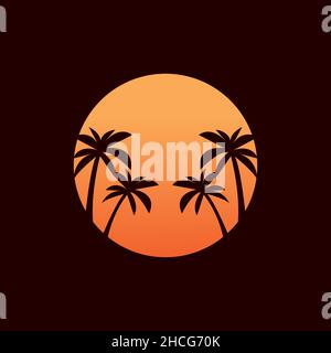 colored vintage orange sunset with coconut trees logo design vector graphic symbol icon sign illustration creative idea Stock Vector