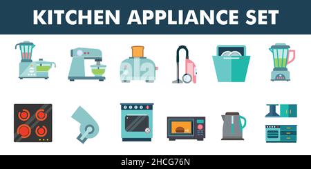 Collection of kitchen appliances and equipment assets for cooking, baking, and cleaning icon. Flat vector illustration isolated on white background Stock Vector