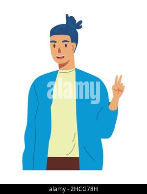 Male character in blue outer and yellow shirt smiling and giving peace sign. Isolated vector illustration on white background Stock Vector