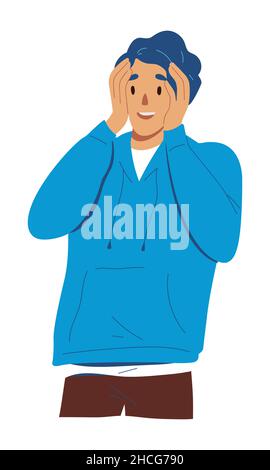 Surprised male character in blue hoodie. Happy face young teen person. Flat vector illustration isolated on white background Stock Vector