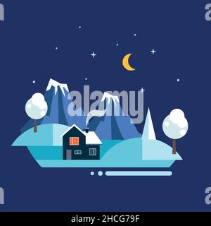 Small rural house in the middle of snow winter environment landscape under the night sky Stock Vector
