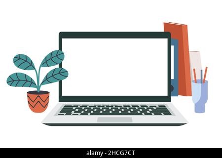 Empty laptop screen template. Work setup with plant, books, file holder, and pencil case. Flat vector illustration isolated on white background Stock Vector