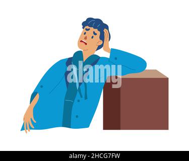 bored male character in blue clothing resting his hand on a brown desk. Flat vector illustration isolated in white background Stock Vector