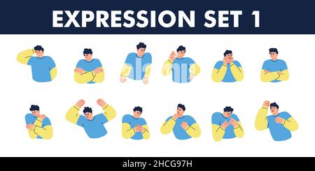 First set of male character in blue and yellow shirt with different pose and expression. Happy, sad, confuse, and angry. Flat vector illustration isol Stock Vector