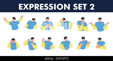 Second set of boy character in blue and yellow shirt with different pose and expression. Happy, sad, confuse, and angry. Flat vector illustration Stock Vector