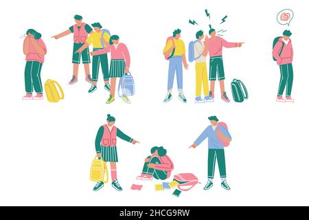 Set of bullying illustration. Teenage classmates harassing other student. Depressed person victim of high school bully. Flat vector illustration Stock Vector
