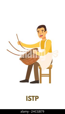 Weaver man in yellow clothing represents ISTP personality type from MBTI. Flat vector art isolated on white backgorund Stock Vector