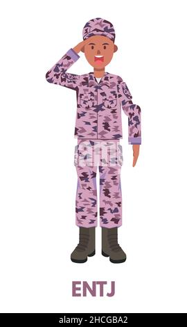 Military man commander in purple clothing doing salute represents ENTJ Analyst personality type from MBTI. Flat vector art isolated on white Stock Vector