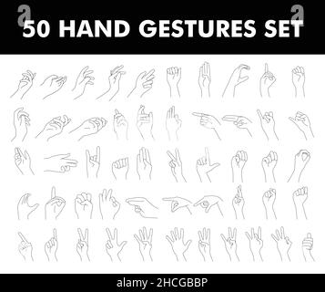 50 different hand gestures collection. Pointing fingers, raise hand, ok sign, clench fist. Flat vector line art illustration isolated on white backgro Stock Vector