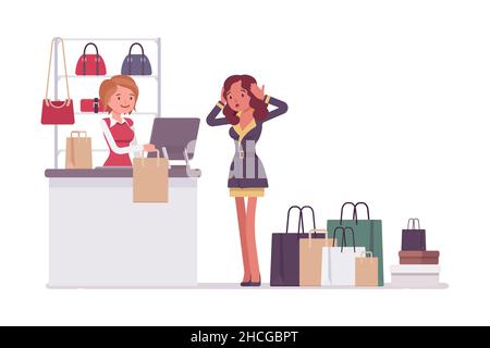 woman surprise with the expense for her shopping purchase. people interaction at store mall with a lot of shopping bags. Isolated character Stock Vector