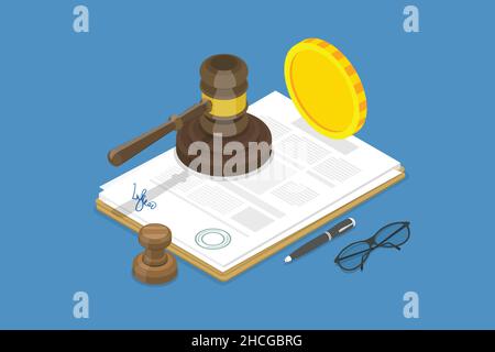 important paper and contract documents with blue legal stamp. Lawsuit agreement. Isolated flat vector illustration on blue background Stock Vector