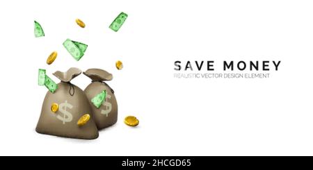 Save money concept. Money bags and falling gold coin and currency bill. Realistic cartoon banking and finance object. Vector illustration Stock Vector
