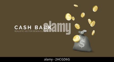 Money bag with dollar sign and falling gold coins. Financial services or cash back concept. Return on investment. Fast cash loan. Easy credit or quick Stock Vector