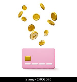 Cartoon style credit card and falling golden coins. Banking operation. Financial transactions and payments. Credit card for online payment or shopping Stock Vector
