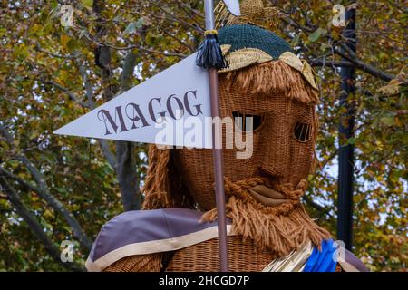 Close up of Magog, one of two wicker giants, traditional guardians of the City of London, in the Lord Mayor’s Show 2021, London. Stock Photo