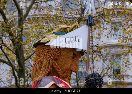 Close up of Gog, one of two wicker giants, traditional guardians of the City of London, in the Lord Mayor’s Show 2021, London. Stock Photo