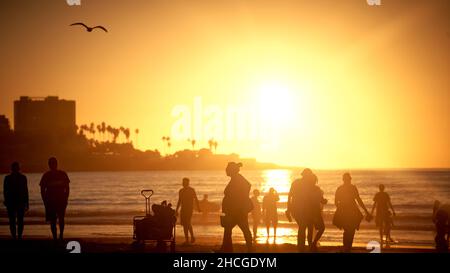 Silhouette of people on the beach during the sunset Stock Photo