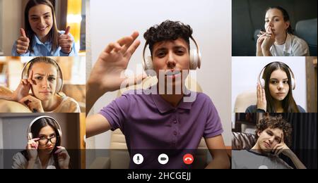 Collage of young people, students, friends communicating online via video call Stock Photo