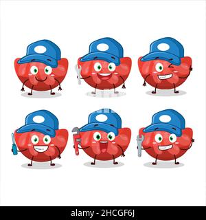 mechanic red orange gummy candy cute mascot character with pliers. Vector illustration Stock Vector