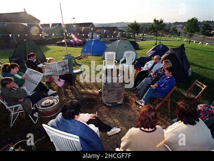 File photod ated 05/07/97 of a dawn vigil for Catholic residents of the Garvaghy Road in Portadown where they set up a peace camp to try and prevent an Orange March along the Road from Drumcree Church. An Irish Government official asked an NIO minister about speculation that the British Army was 'measuring' the Garvaghy Road in Portadown for bollards at the height of the marching dispute in 1997, according to newly released documents from the National Archives. Issue date: Wednesday December 29, 2021. Stock Photo