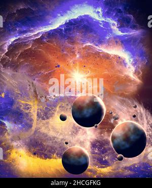 Planets and exoplanets of unexplored galaxies. Sci-Fi. New worlds to discover. Colonization and exploration of nebulae and galaxies Stock Photo