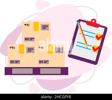 Packing box with checklist and pencil. Vector flat illustration. Stock Vector