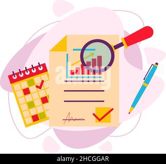 Payment of taxes. Tax form, financial calendar, magnifying glass. Stock Vector