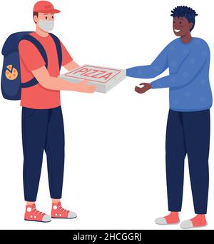 Delivery man giving pizza semi flat color vector characters Stock Vector