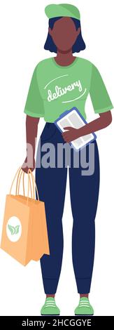 Courier woman in green uniform semi flat color vector character Stock Vector