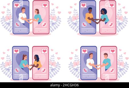 Finding ideal partner through dating app flat concept vector illustrations set Stock Vector