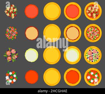 Pizza and all the ingredients for its preparation. Stock Vector