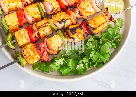 Indian Grilled Cottage Cheese with Green Chutney Directly Above Photo Stock Photo