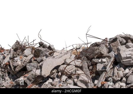 Concrete wreckage of a destroyed building isolated on a white ...
