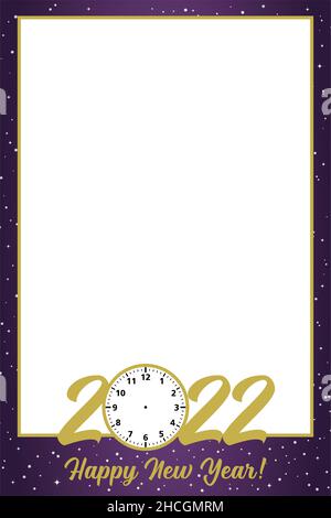 Happy New Year 2022 photo frame with gold and purple colors. Selfie frame. Party banner background. Empty cut out space in the middle.