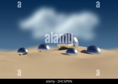 Abstract 3D background. Metallic spheres on sand. Shallow depth of field. 3D rendering Stock Photo