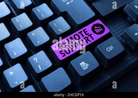 Sign displaying Remote Support. Word for type of secure service, which permits representatives to help Typing Character Background Story, Creating New Stock Photo