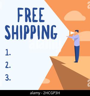 Text showing inspiration Free Shipping. Business showcase Freight Cargo Consignment Lading Payload Dispatch Cartage Businessman Drawing Standing In Stock Photo