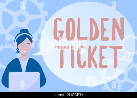 Inspiration showing sign Golden Ticket. Word Written on Rain Check Access VIP Passport Box Office Seat Event Lady Call Center Illustration With Stock Photo