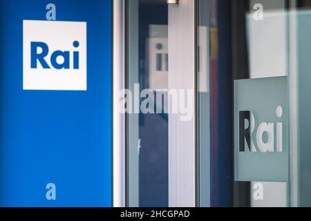 RAI Radio Televisione Italiana, logo of Italian state radio and television on the door of the entrance of the headquarter Stock Photo