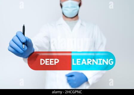 Sign displaying Deep Learning. Word for Hierarchical Abstractions Artificial Intelligence Algorithm Scientist Demonstrating New Technology, Doctor Stock Photo