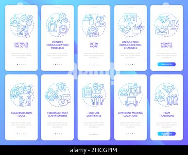 Teamwork blue gradient onboarding mobile app screen set Stock Vector